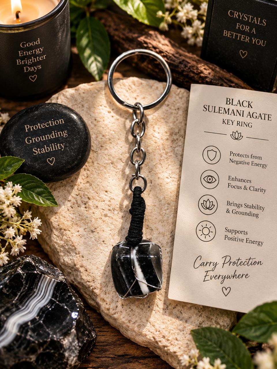 Black Sulemani Agate Crystal Keyring – Protection & Grounding