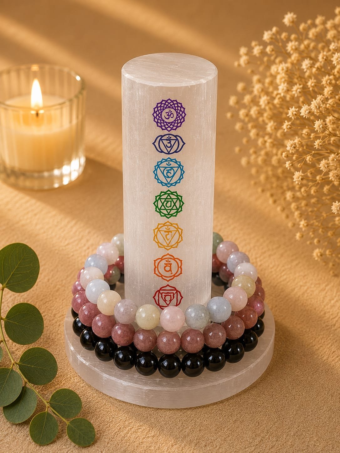 Seven chakra selenite tower