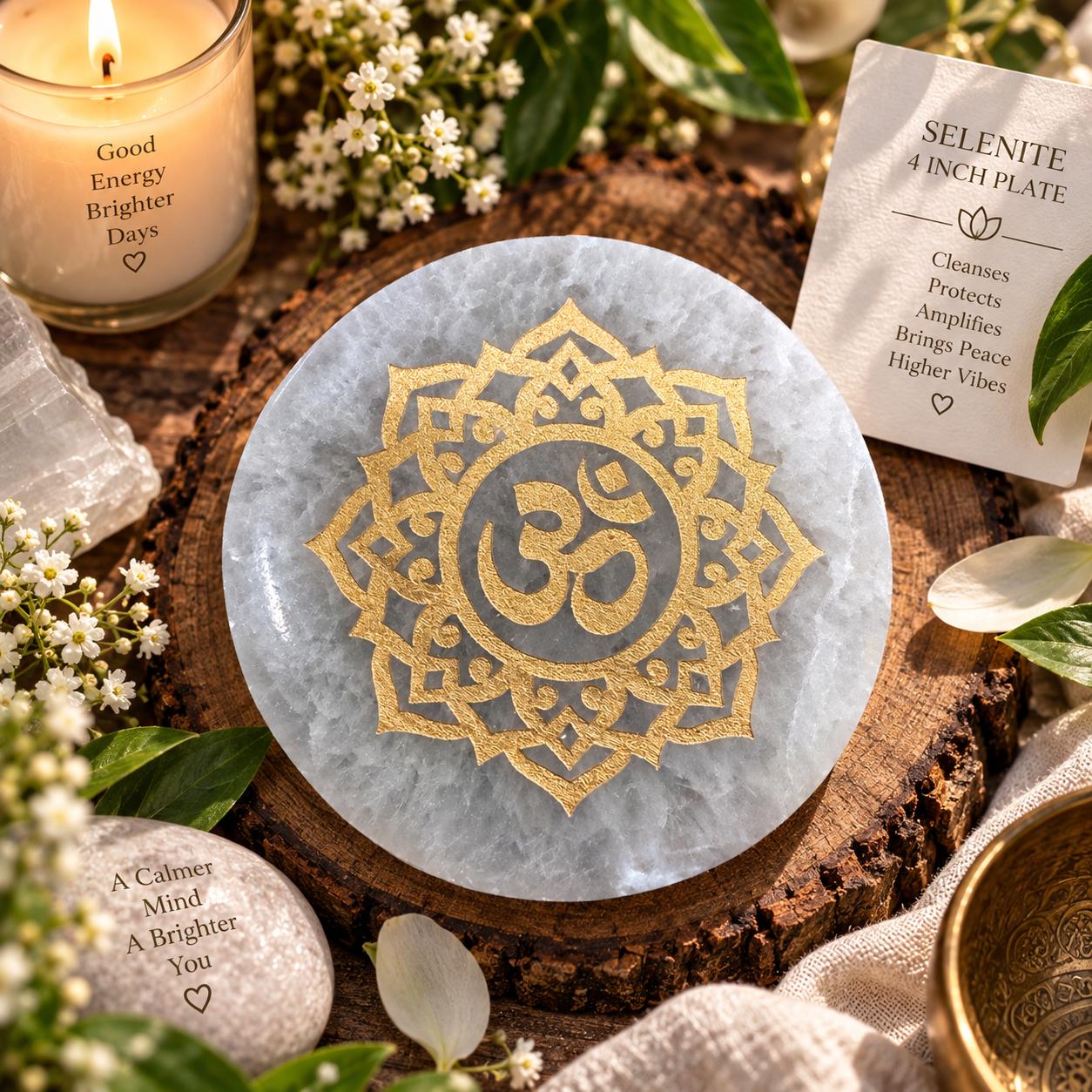 Selenite plate and om print on top (4inch)