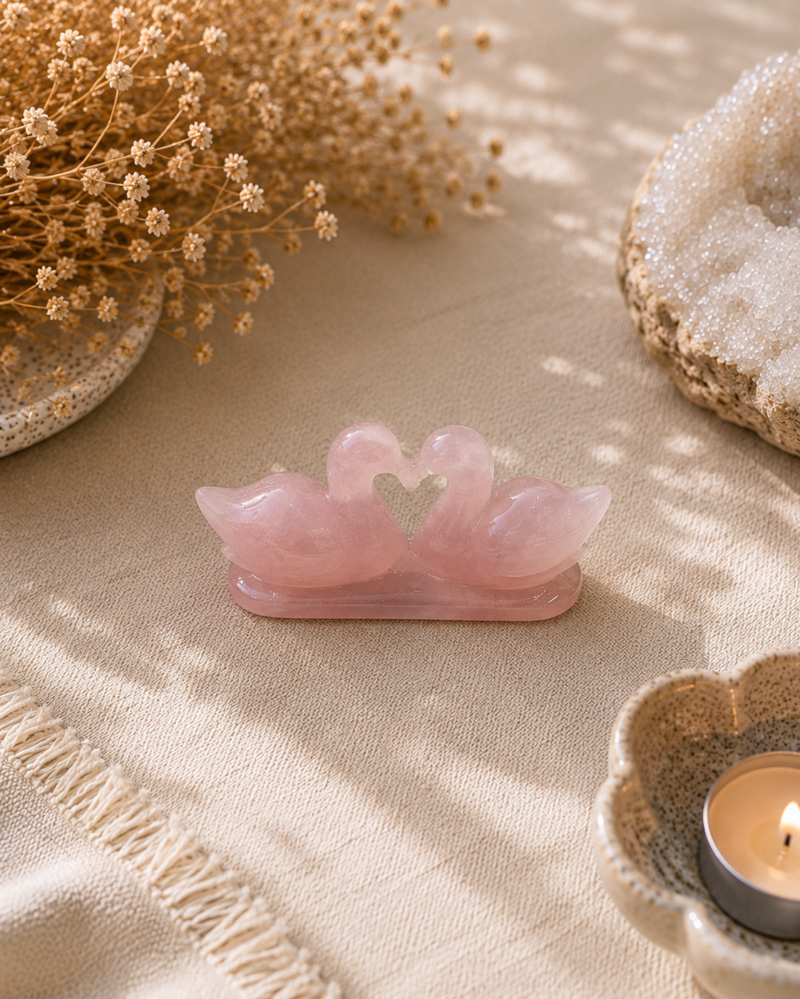 Rose quartz stone duck pair